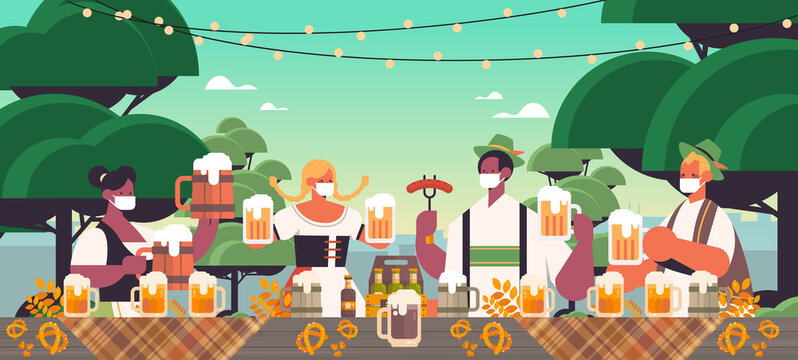mix race people in face masks drinking beer Oktoberfest festival celebration concept landscape background portrait horizontal vector illustration