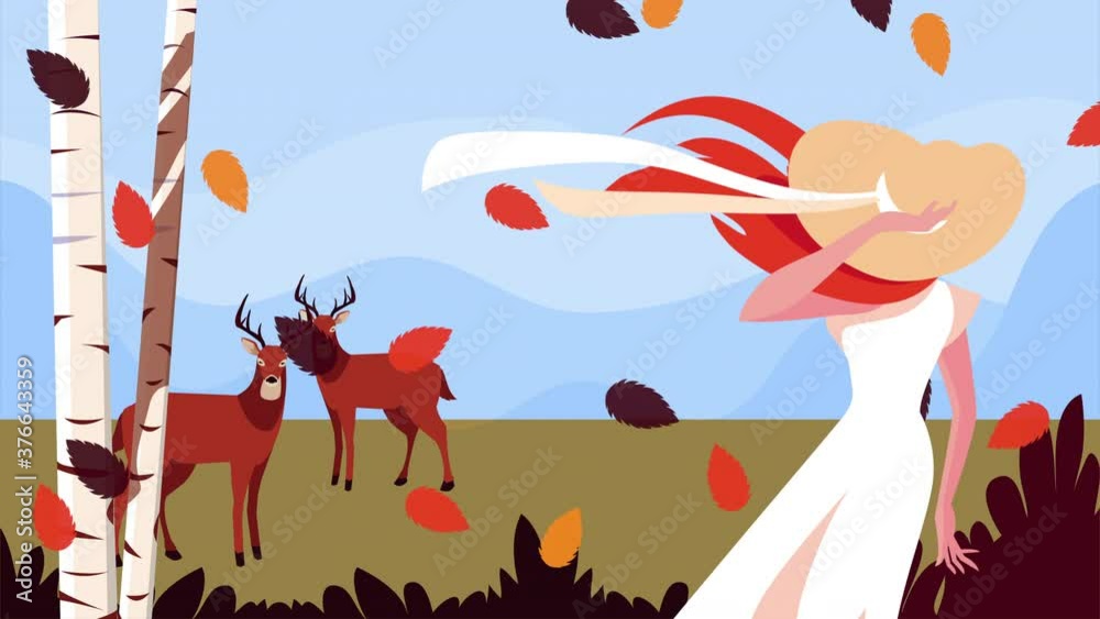 Poster hello autumn animation with beautiful girl and deers forest scene