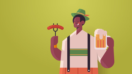 guy eating sausage and drinking beer Oktoberfest party concept african american man in german traditional clothes having fun portrait horizontal vector illustration