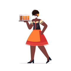 woman in medical mask holding beer mugs Oktoberfest party celebration coronavirus quarantine concept african american girl in german traditional clothes full length vector illustration