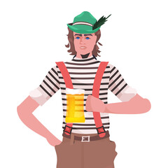 man in medical mask holding beer mug Oktoberfest party celebration coronavirus quarantine concept guy in german traditional clothes portrait vector illustration