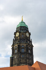 Fototapeta na wymiar the clock tower of the old historic city council in downtown Dresden