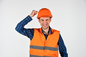 young man in hard hat. man builder isolated on white. professional repairman in helmet. build and construction. skilled architect repair and fix. engineer worker career. turnkey project