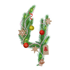 Decorated with Christmas balls, gingerbread cookies, beads and a greeting label Christmas number 4 made from fir branches,