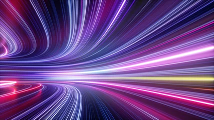  3d render, abstract neon background, space tunnel turning to left, ultra violet rays, glowing lines, virtual reality jump, speed of light, space and time strings, highway night lights © NeoLeo