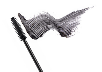 Black mascara brush stroke with applicator brush isolated on white	

