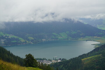 view of zell am see and the lake on a foggy day