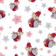 Christmas toy bear and snowflakes on seamless pattern