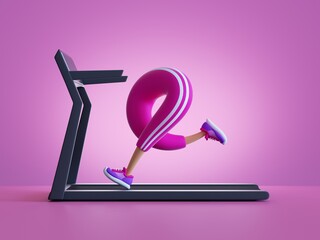 3d render, cartoon character legs run on treadmill, sportive clip art isolated on pink background....
