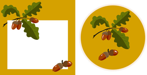  A set of two wind postcards on an autumn theme. On a yellow background, a branch of an oak tree with leaves and fruits. Two acorns below. © Ольга Примачек