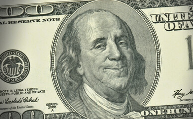 American economy - one hundred dollars banknote with satisfied expression - 376645560