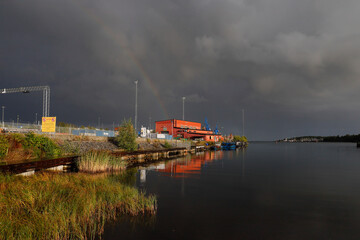 Oxelosund, Sweden The port of Oxelosund in the rain and rainbow.