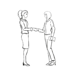 Vector sketch isolated on white background, business women handshake, deal concept, hand drawn illustration.

