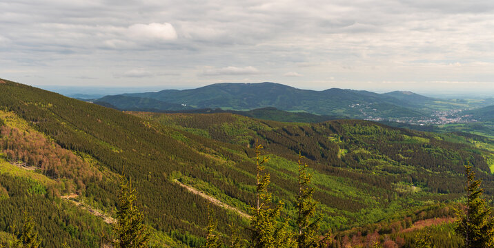 View to Jesenik town and Rychlebske hory mountains from Tocnik hill in Jeseniky mountains in Czech republic
