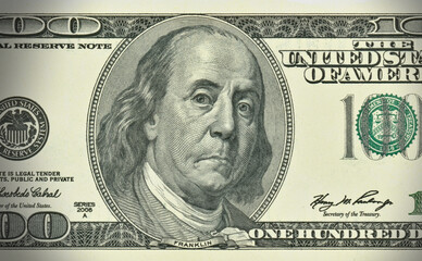 American economy - one hundred dollars banknote with worried expression - 376645920