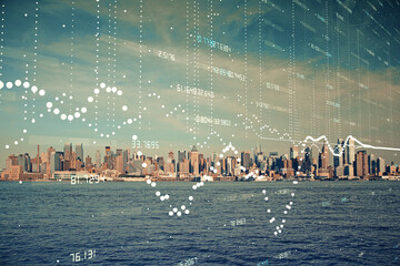 Fototapeta na wymiar Data theme hologram drawing on city view with skyscrapers background double exposure. Technology concept.