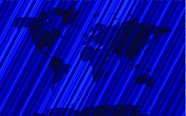 Fototapeta premium Vector shining abstract background with the world map, colorful blue illustration, neon rays effect. 