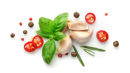 Ingredients for cooking, garlic, pepper, spices and herbs isolated on white background. Top view.