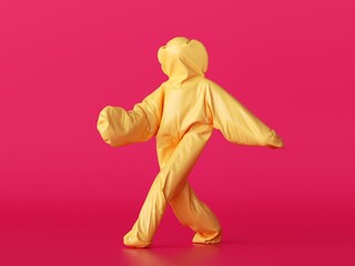 3d render, man wearing yellow halloween costume of a fortune cookie or dumpling, cartoon character...