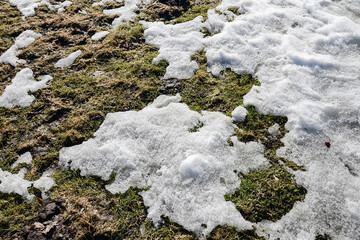 ice, thawed snow, grass and ground in spring