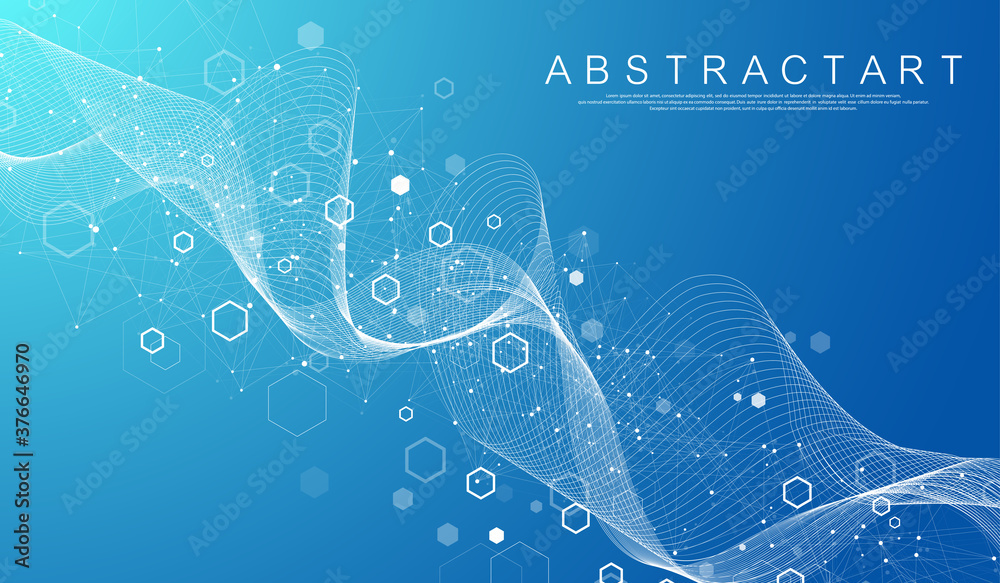 Poster Technology abstract lines and dots connect background with hexagons. Hexagon grid. Hexagons connection digital data and big data concept. Hex digital data visualization. Vector illustration.