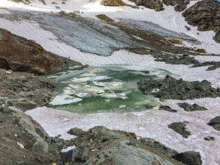 Fototapeta na wymiar Panoramic view of a glacial lake at the base of Pizzo Suretta.