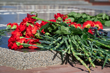 flowers on the memorial to fallen soldiers, red carnations on black marble, Russian text - monument to the unknown soldier