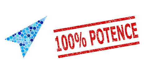 Round dot collage arrowhead right-up and 100% POTENCE grunge stamp seal. Stamp includes 100% POTENCE tag between parallel lines. Vector collage is based on arrowhead right-up icon,