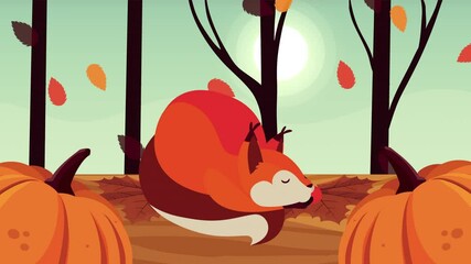 hello autumn animation with fox and pumpkins forest scene - Powered by Adobe