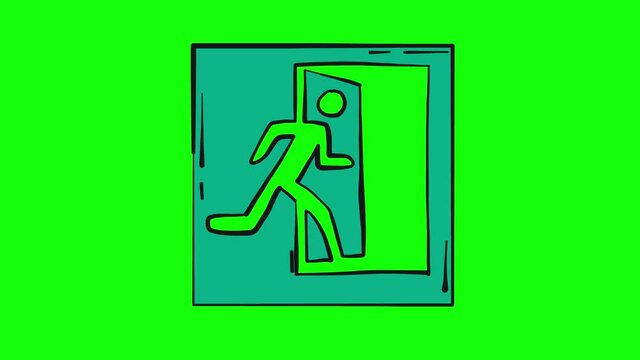 Pulsatile emergency exit sign animation isolated on green and looped