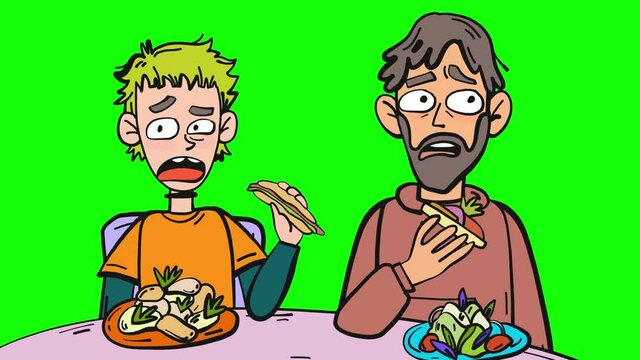 shocked pair of people while having a dinner cartoon animation isolated on green screen