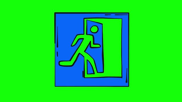 Blue pulsatile emergency exit sign animation isolated on green and looped