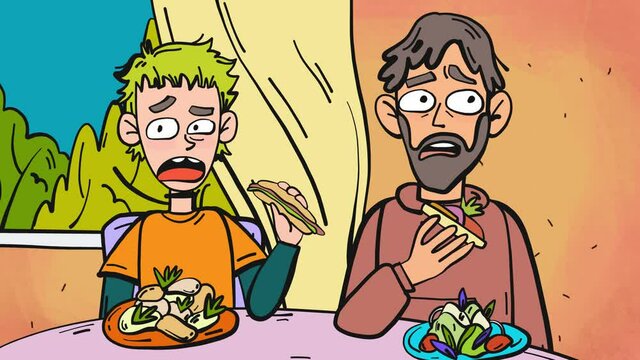 shocked pair of people while having a dinner cartoon animation