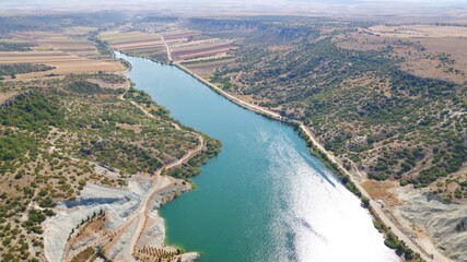Aerial view of th agriculture fields and lake.