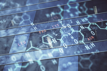 Double exposure of sience formula drawing and cityscape background. Concept of education.