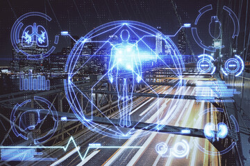 Double exposure of education theme drawing and cityscape background.