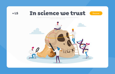 Ancient Anthropology Landing Page Template. Tiny Characters Measure Huge Human Skull with Bones. Paleolithic Research