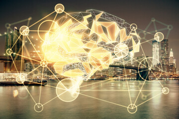Brain hologram drawing on city scape background Double exposure. Brainstorming concept.