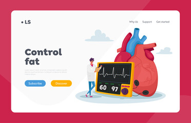 Fototapeta premium Cardiology Medicine, Health Care Landing Page Template. Tiny Doctor Stand at Huge Heart Measure Cholesterol Level