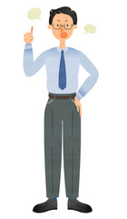 怒った顔で指差しをしながら説明するスーツ姿のメガネの男性
