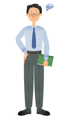 困った顔で書類を持ちながら立つスーツ姿のメガネの男性
