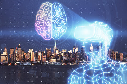 Double exposure of AR people drawing and cityscape background. Concept of augmented reality.