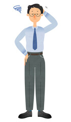 困った顔で頭をかくスーツ姿のメガネの男性
