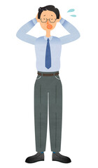 困った顔で頭を抱えながら焦るスーツ姿のメガネの男性
