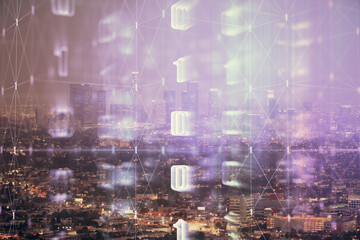 Data theme hologram drawing on city view with skyscrapers background double exposure. Ai concept.