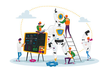 Engineers Make and Programming Robot. Robotics Hardware and Software Engineering in Laboratory, Artificial Intelligence