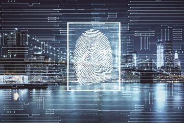 Double exposure of finger print hologram and cityscape background. Concept of personal security.