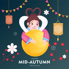 Fototapeta premium Chinese Goddess of Moon with Hanging Lanterns, Flower Branches and Bunting Flags Decorated on Teal Blue Background.