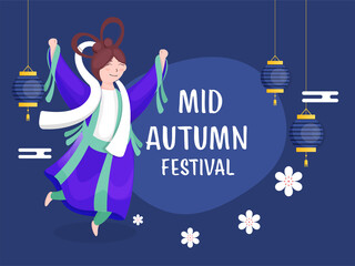 Chinese Goddess Character in Jumping Pose with Flowers and Hanging Lanterns Decorated on Blue Background for Mid Autumn Festival.