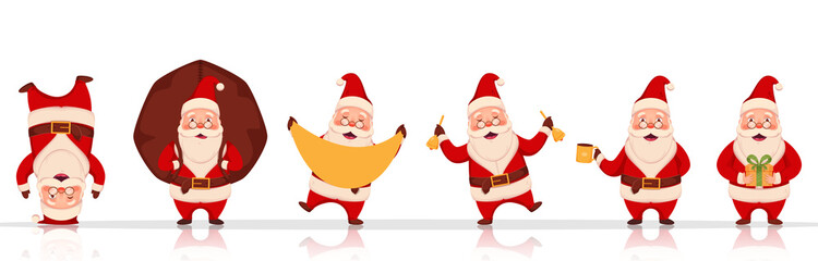 Cheerful Santa Claus Character in Different Poses with Heavy Sack, Gift Box and Jingle Bells on White Background.